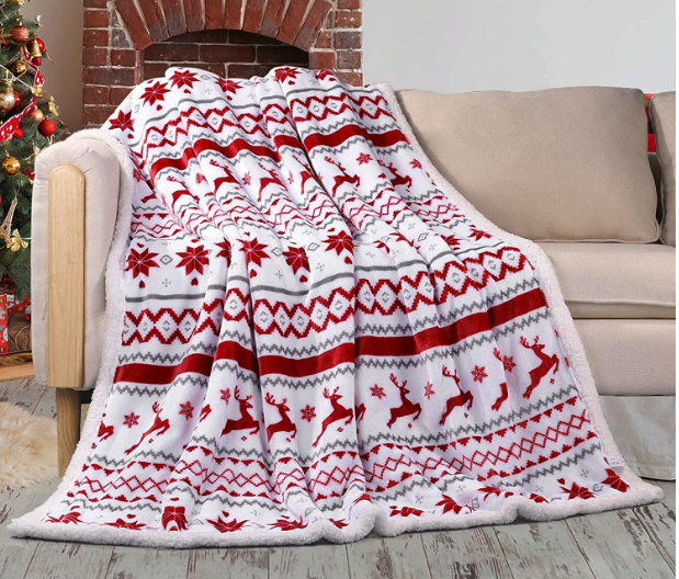 European American Christmas Style Blanket Heavy Weight Thick Throw Polyster Flannel Sherpa Blanket