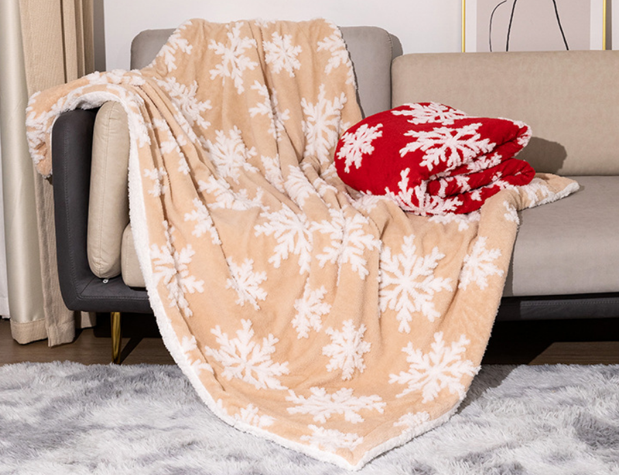 Christmas Style Snow Pattern Cationic Fabric Jacquard Weave Sherpa Blanket Heavy Weight Thick Blaket